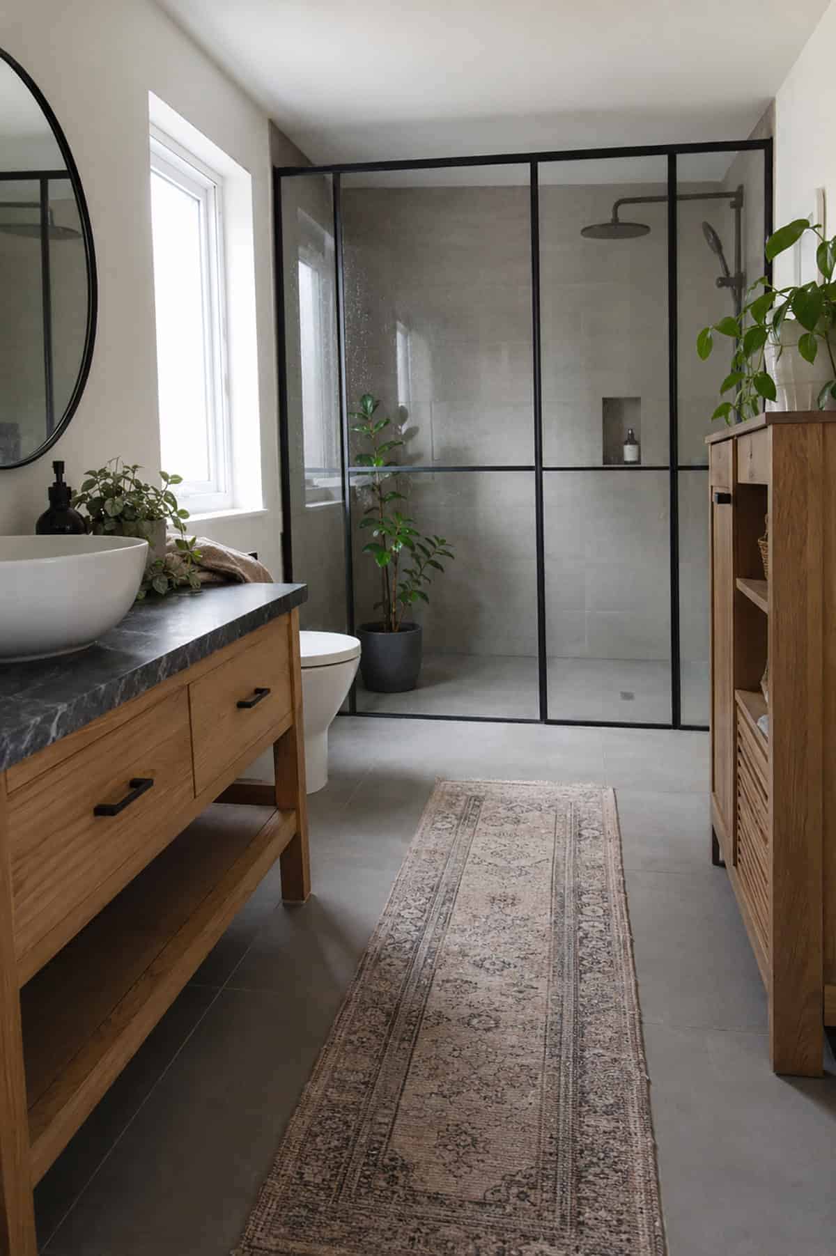 Earthy Oak Bathroom with Black Framed Shower_1