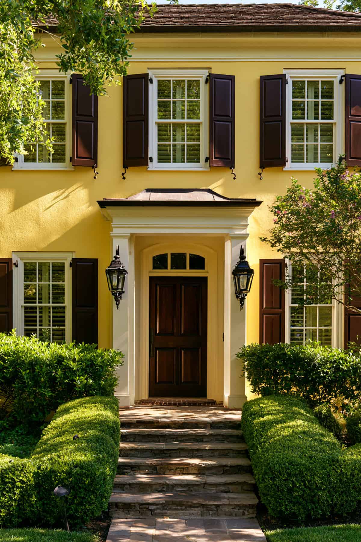Espresso Brown Shutters On A Yellow House
