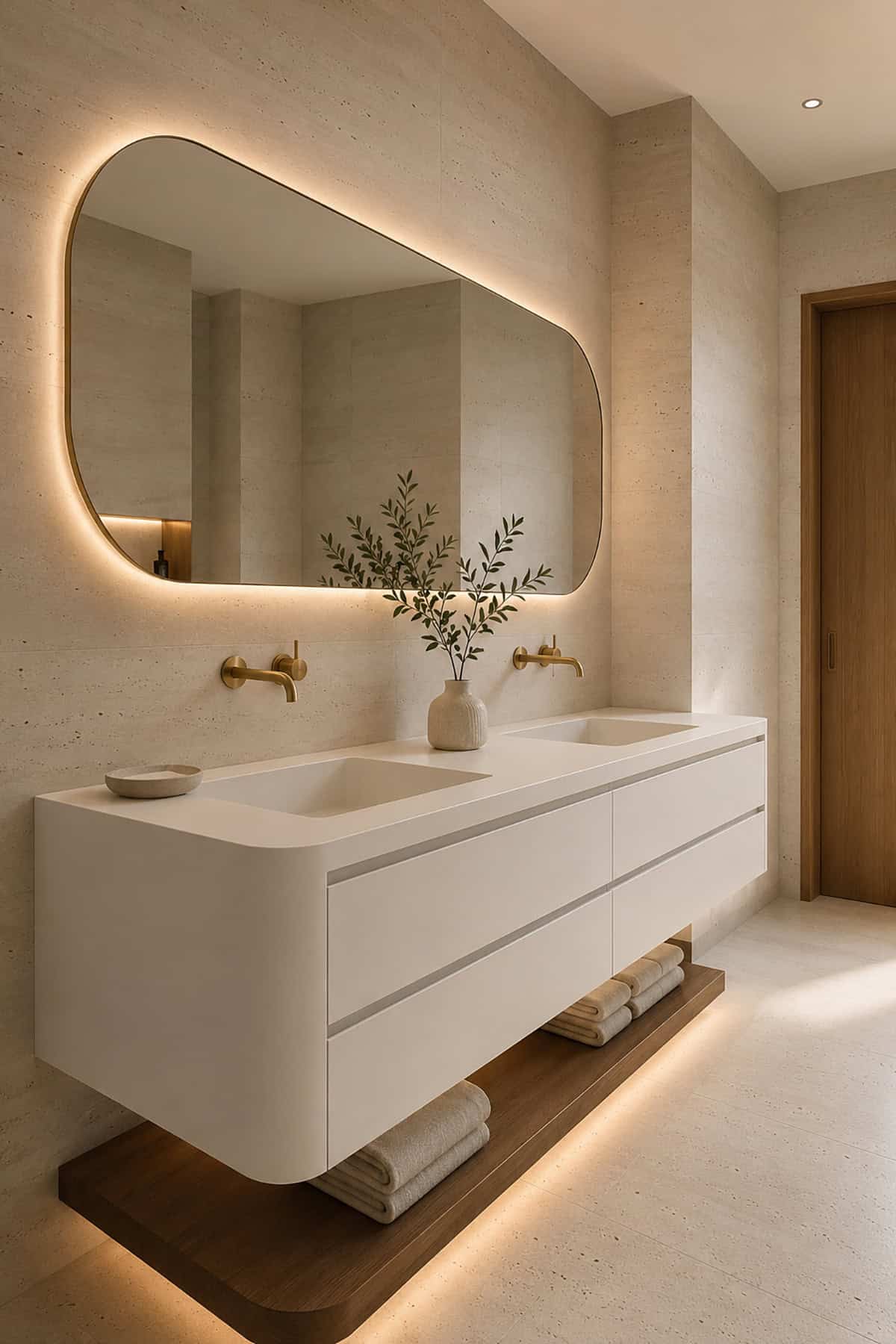 Floating Double Vanity With A Backlit Mirror