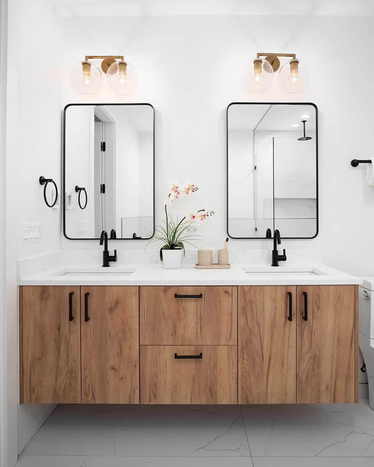 Floating Oak Double Vanity With Black Accents
