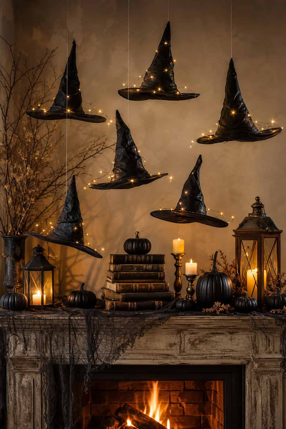 Floating Witch Hats Above The Mantel