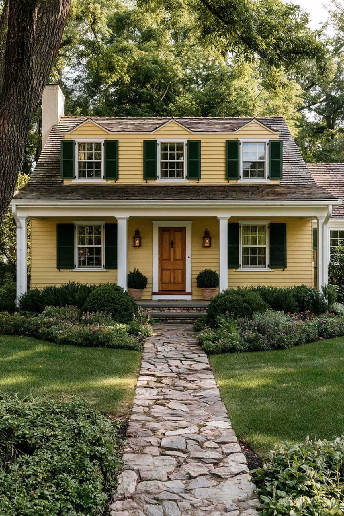 Forest Green Shutters On A Yellow Farmhouse