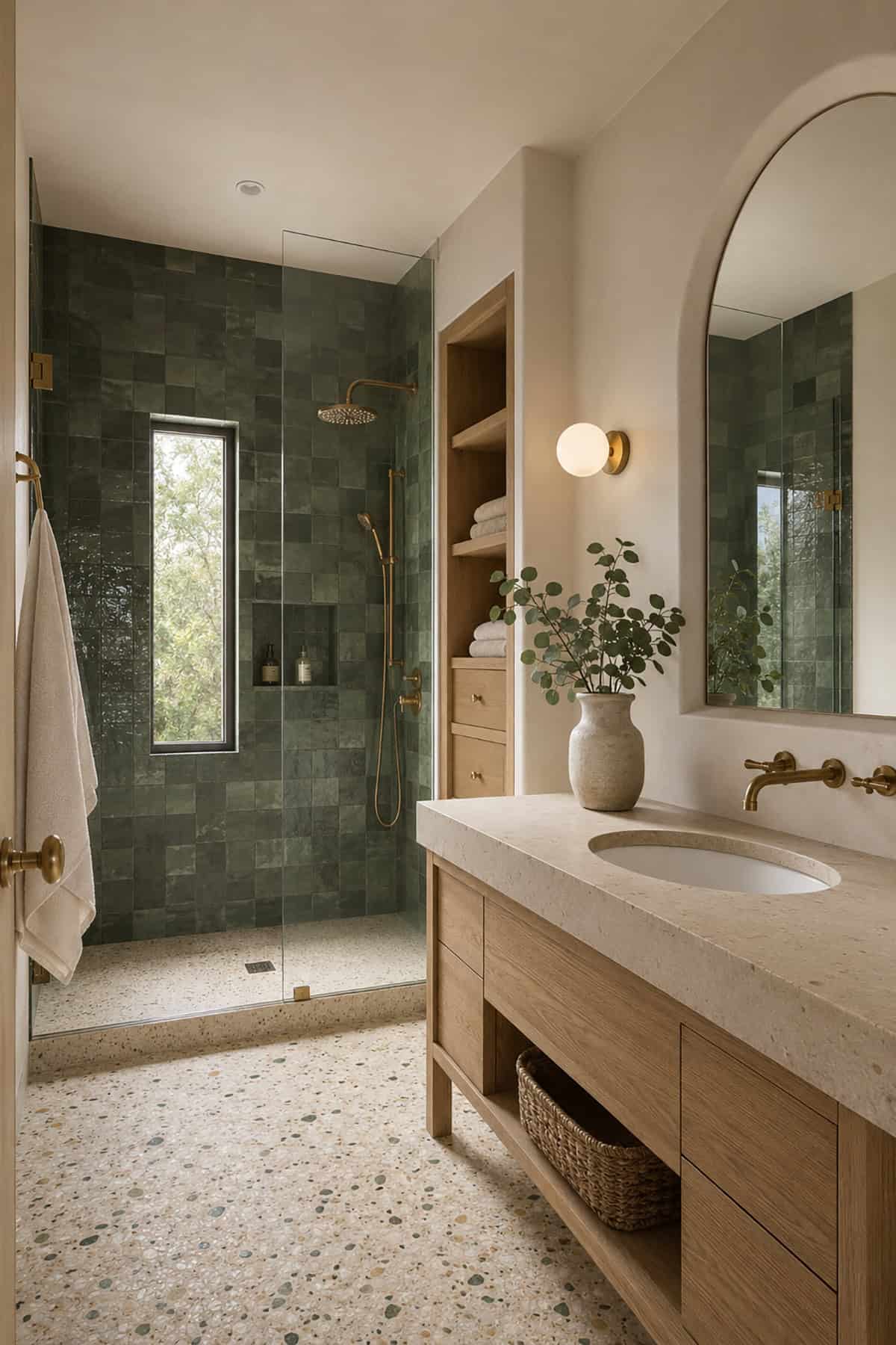 Forest Green Zellige And Oak Bathroom