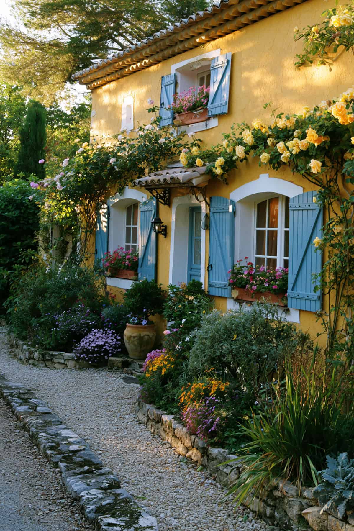 French Blue Shutters On A Yellow Cottage