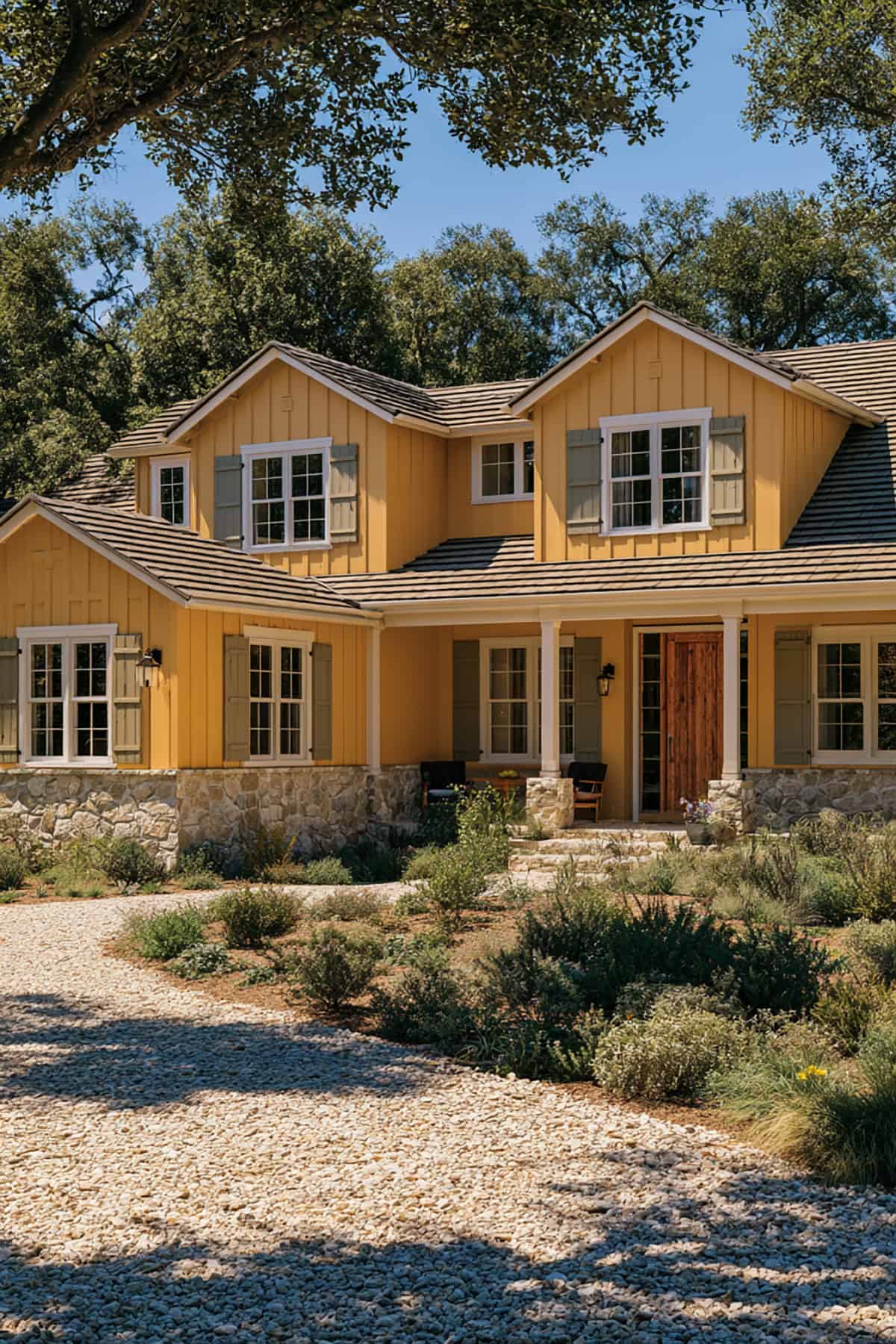 Greige Shutters On A Yellow Farmhouse