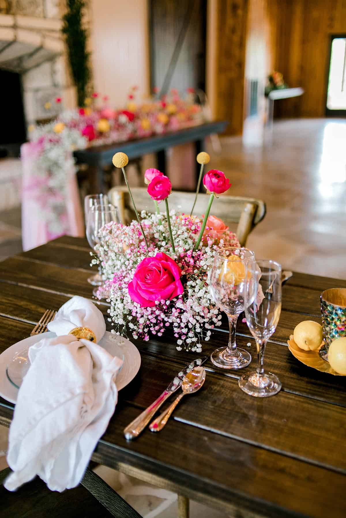 Hot Pink Rose And Baby’s Breath Centerpiece