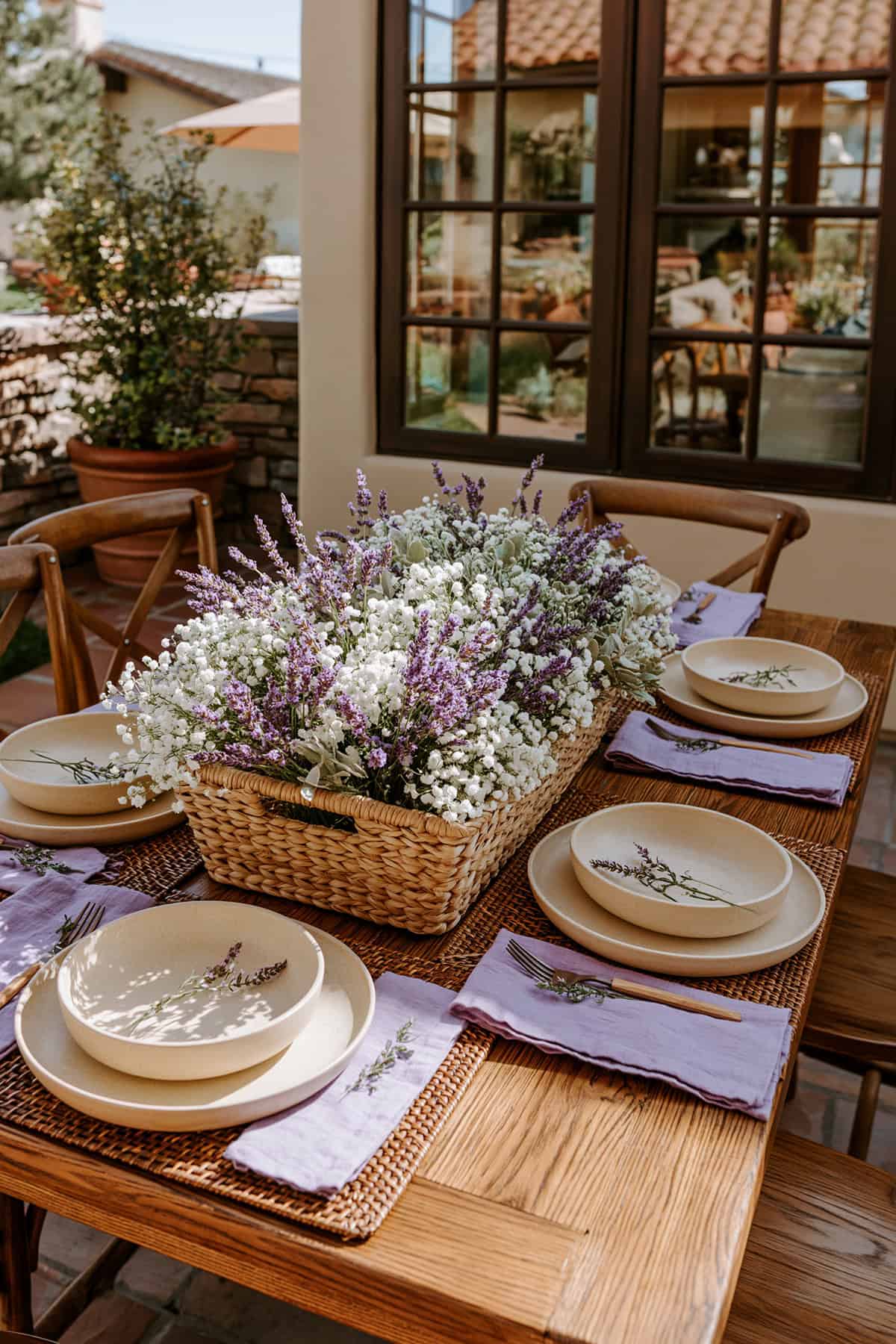 Lavender And Baby’s Breath Basket Centerpiece