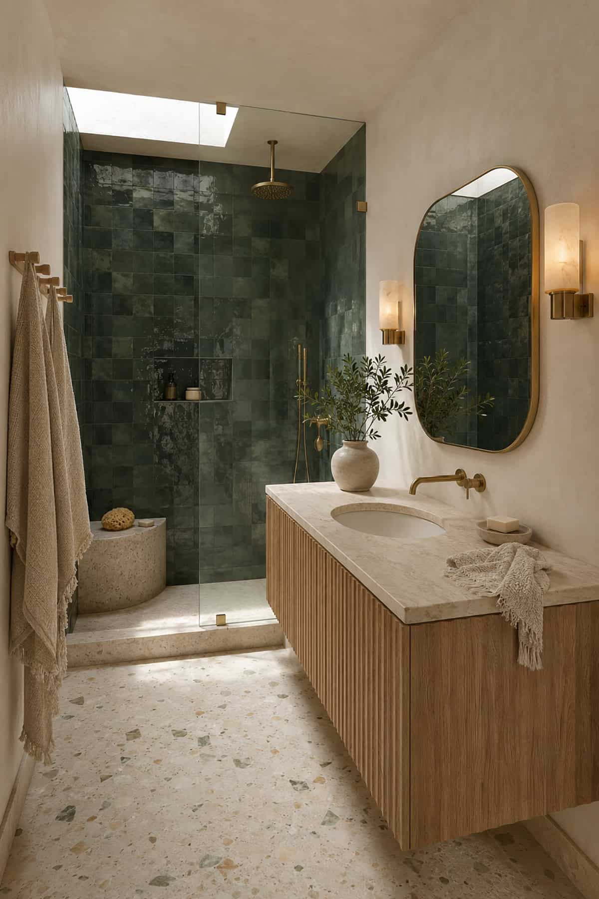 Lichen Green And Limestone Bathroom