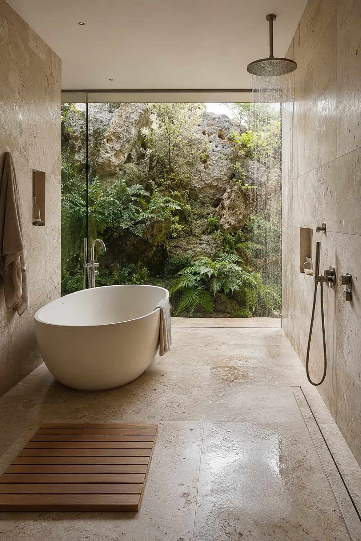 Limestone spa bathroom overlooking a fern garden
