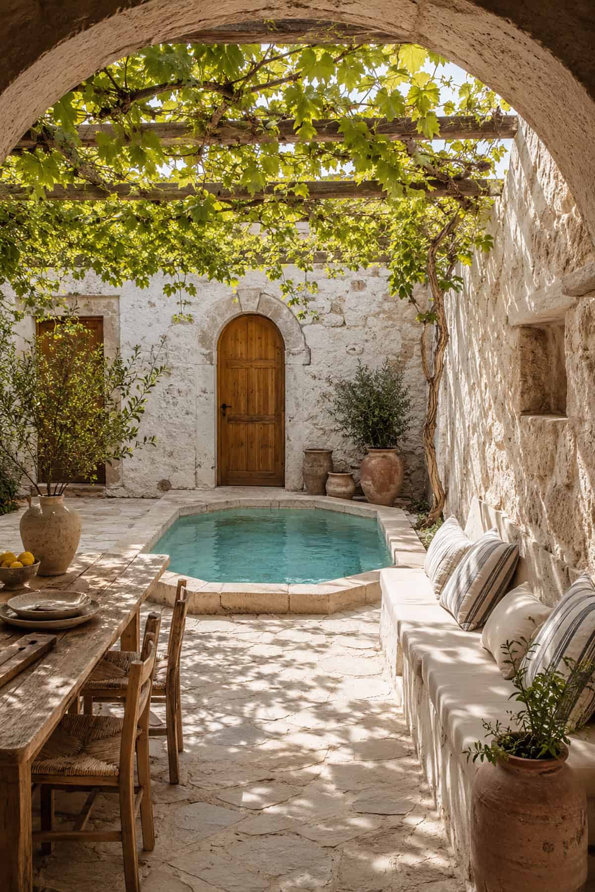 Mediterranean Courtyard Pool Beneath A Grapevine Pergola