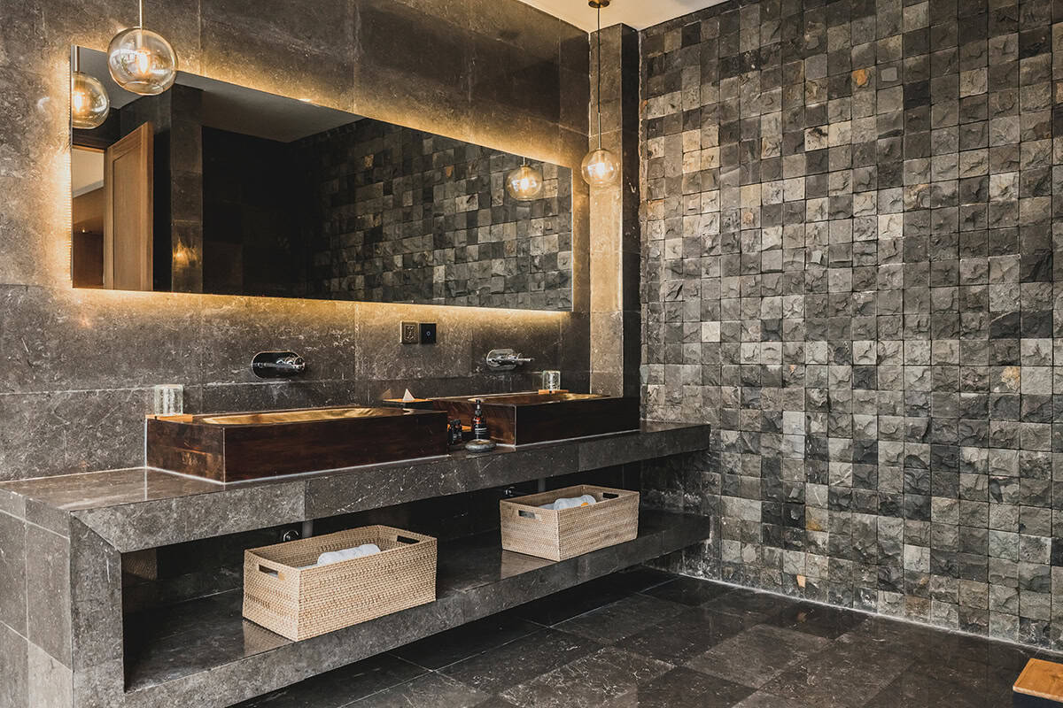 Moody Stone Double Vanity With Bronze Vessel Sinks