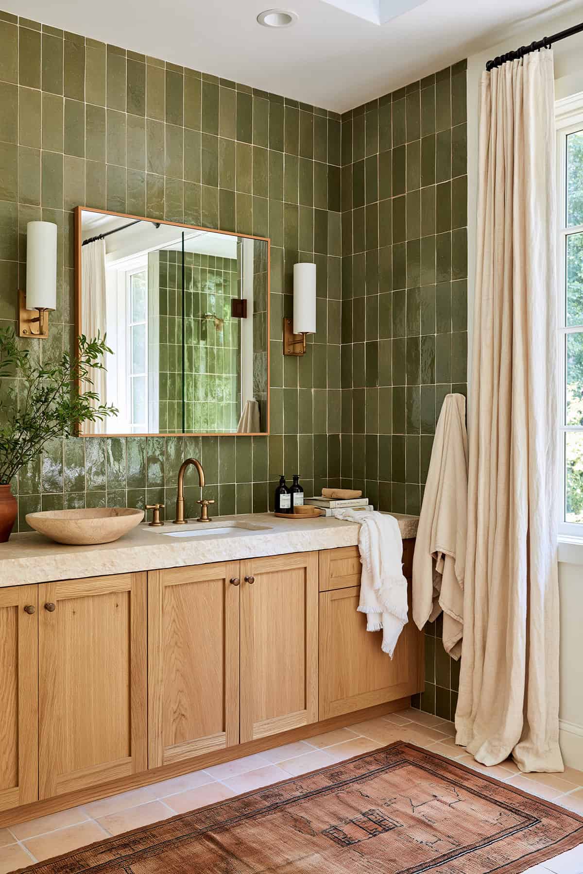 Moss Green Zellige Bathroom With Oak Cabinetry