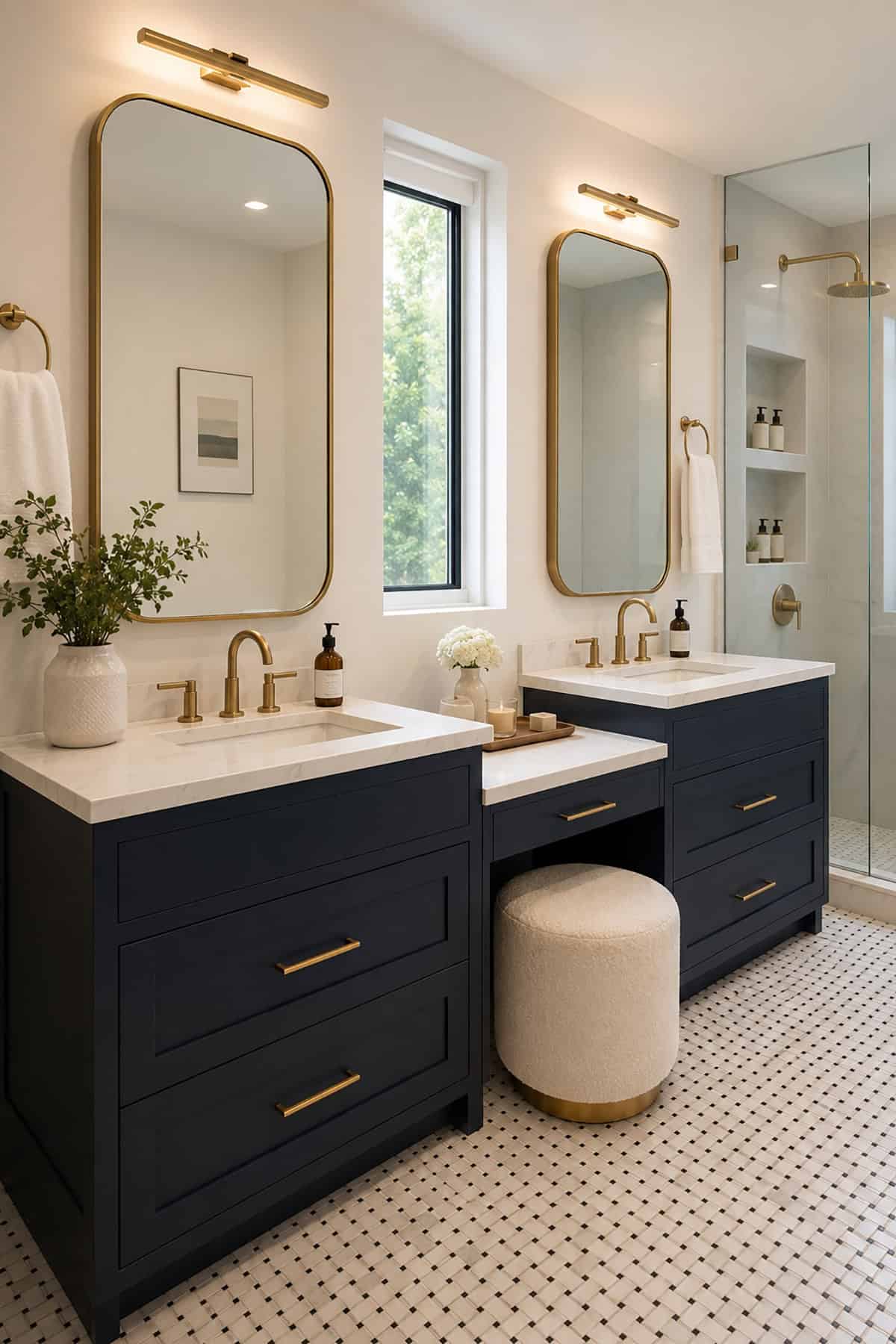 Navy Double Vanity With A Built In Makeup Seat