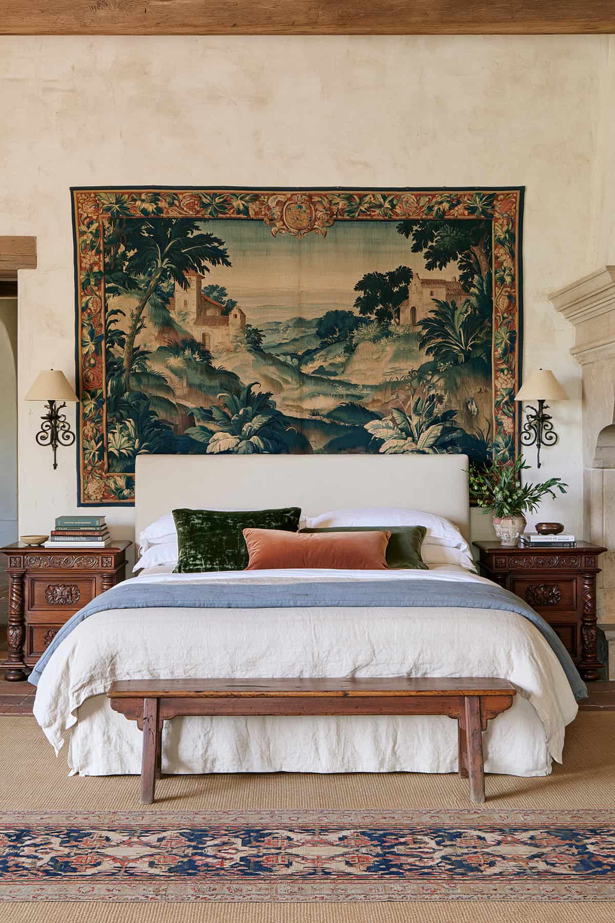 Old World Bedroom With A Tapestry Headboard