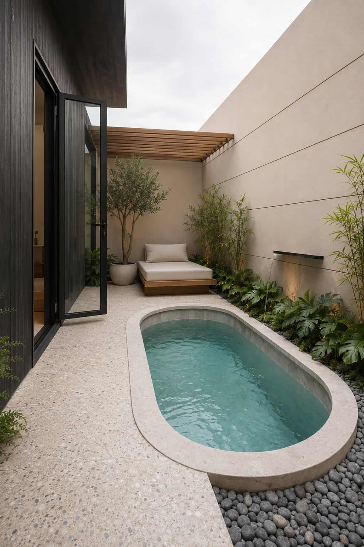 Pill Shaped Mini Pool For A Narrow Side Yard