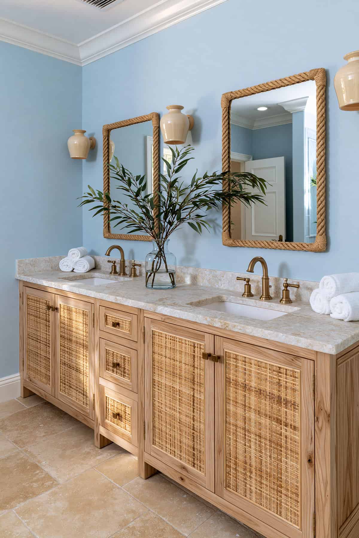 Rattan Front Double Vanity For A Coastal Bathroom