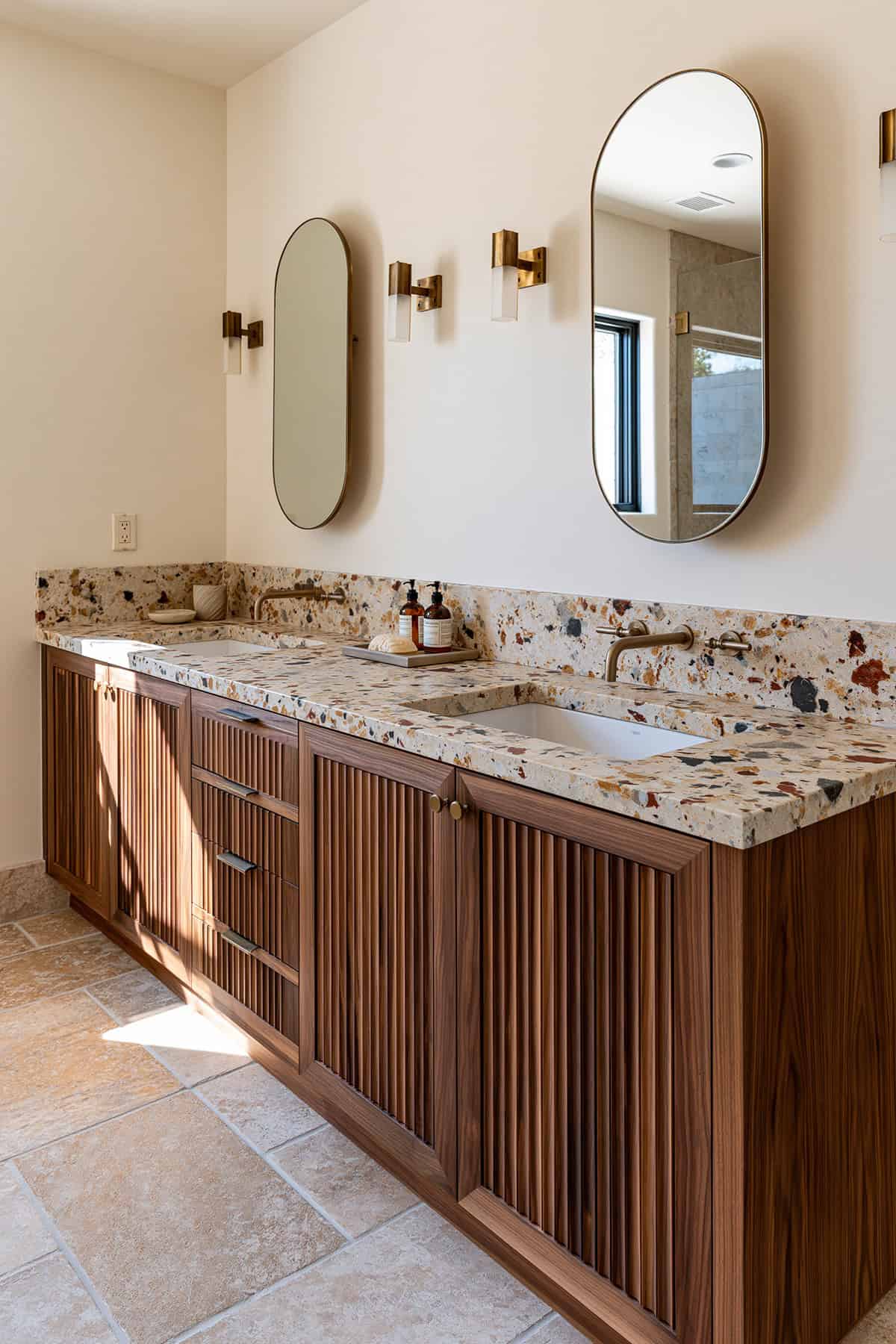 Reeded Walnut Double Vanity With Terrazzo