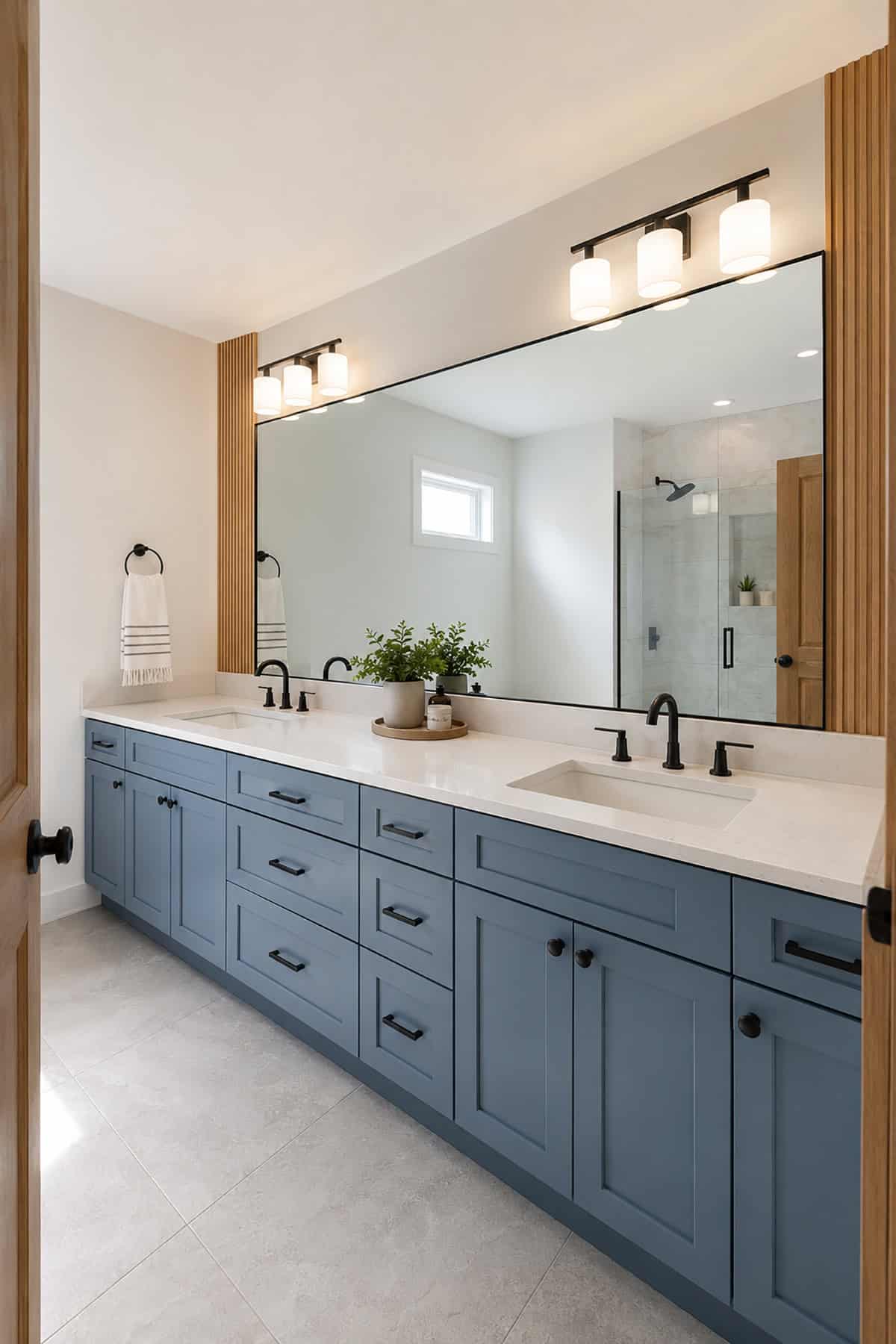 Slate Blue Double Vanity With A Full Width Mirror