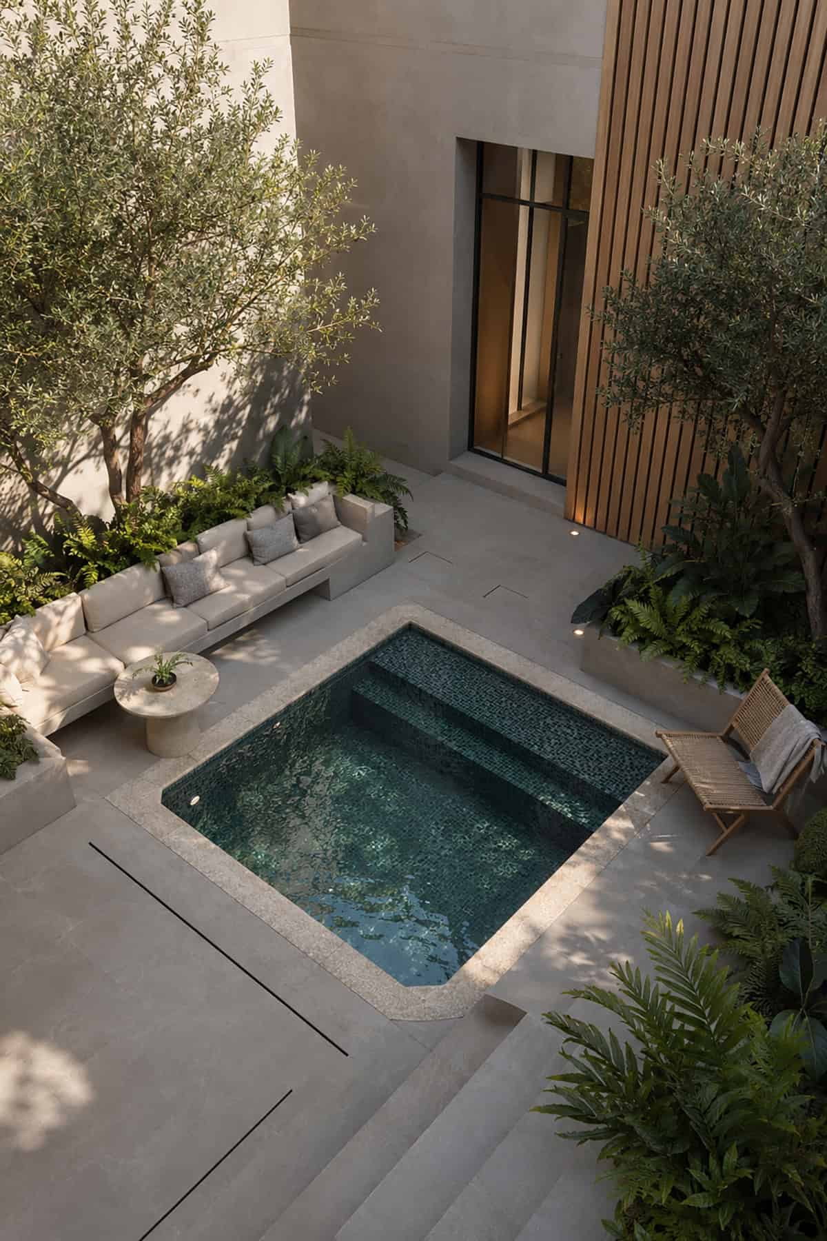 Square Courtyard Plunge Pool With Built In Seating