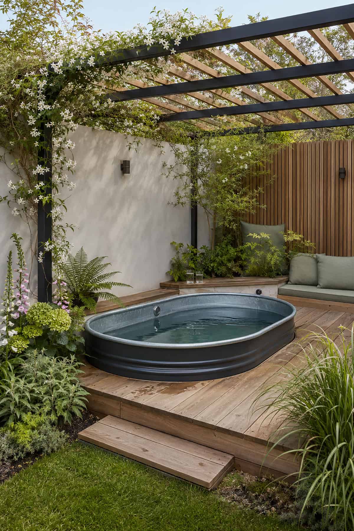 Stock Tank Mini Pool Under A Garden Pergola