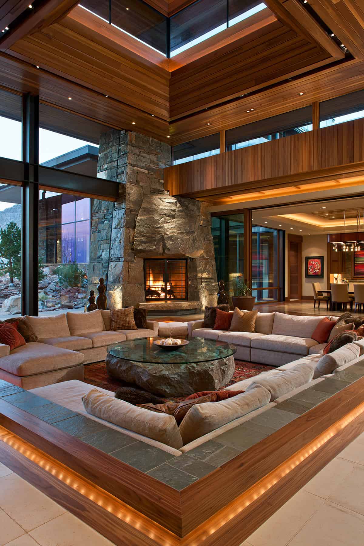 Sunken Conversation Pit With Central Fireplace