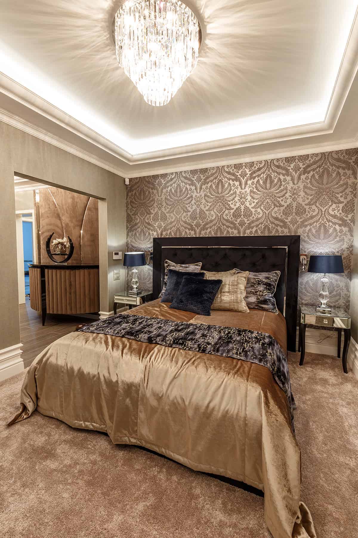 Taupe Bedroom With Damask Wallpaper