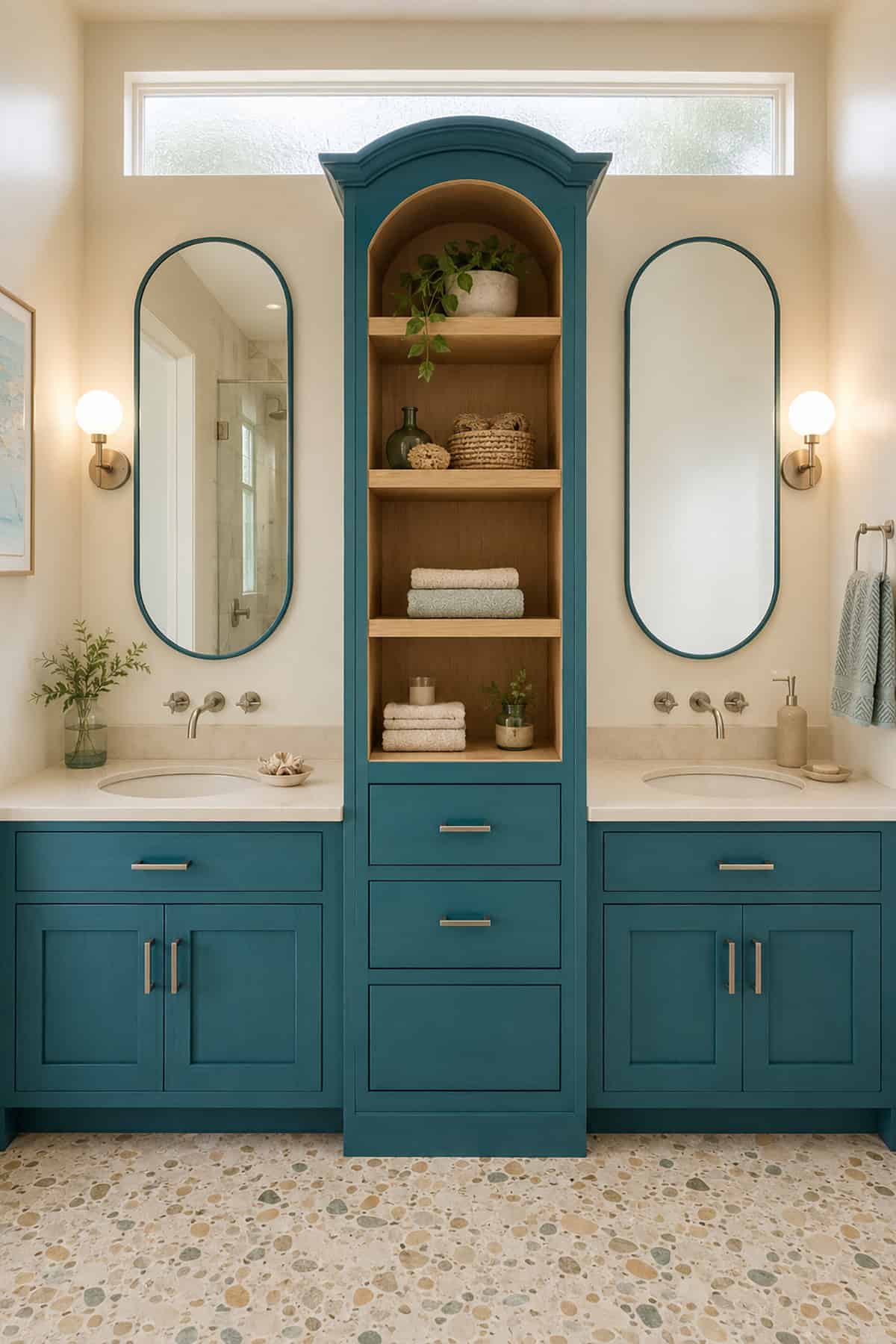 Teal Double Vanity With A Center Linen Tower