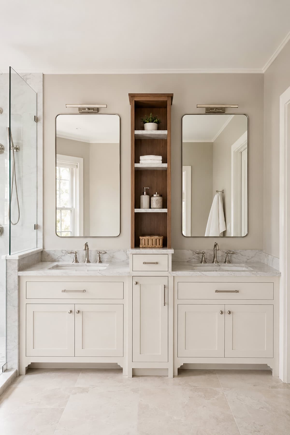 White Double Vanity With Open Center Storage