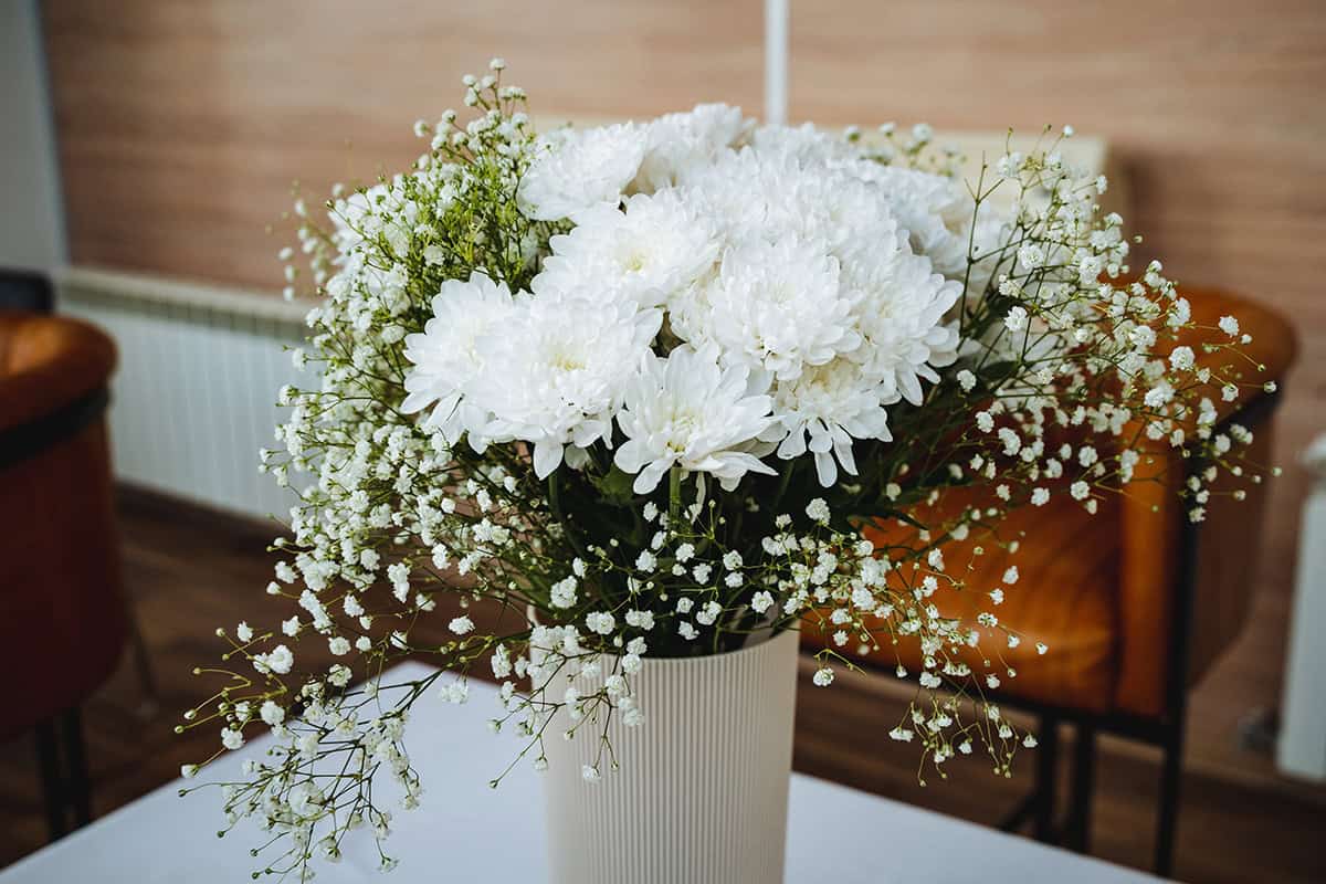 White Mum And Baby’s Breath Centerpiece