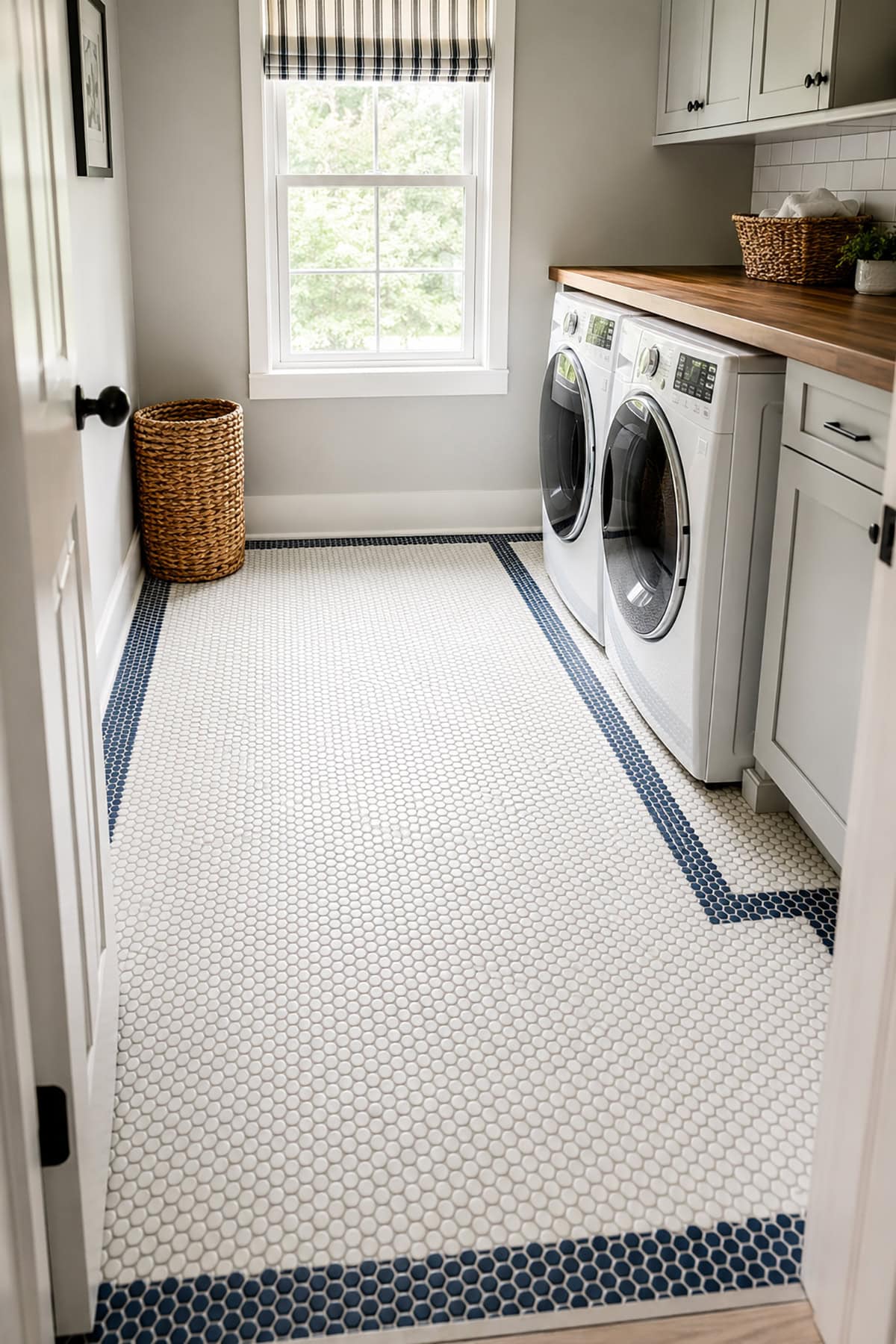 White Penny Tile With A Navy Border