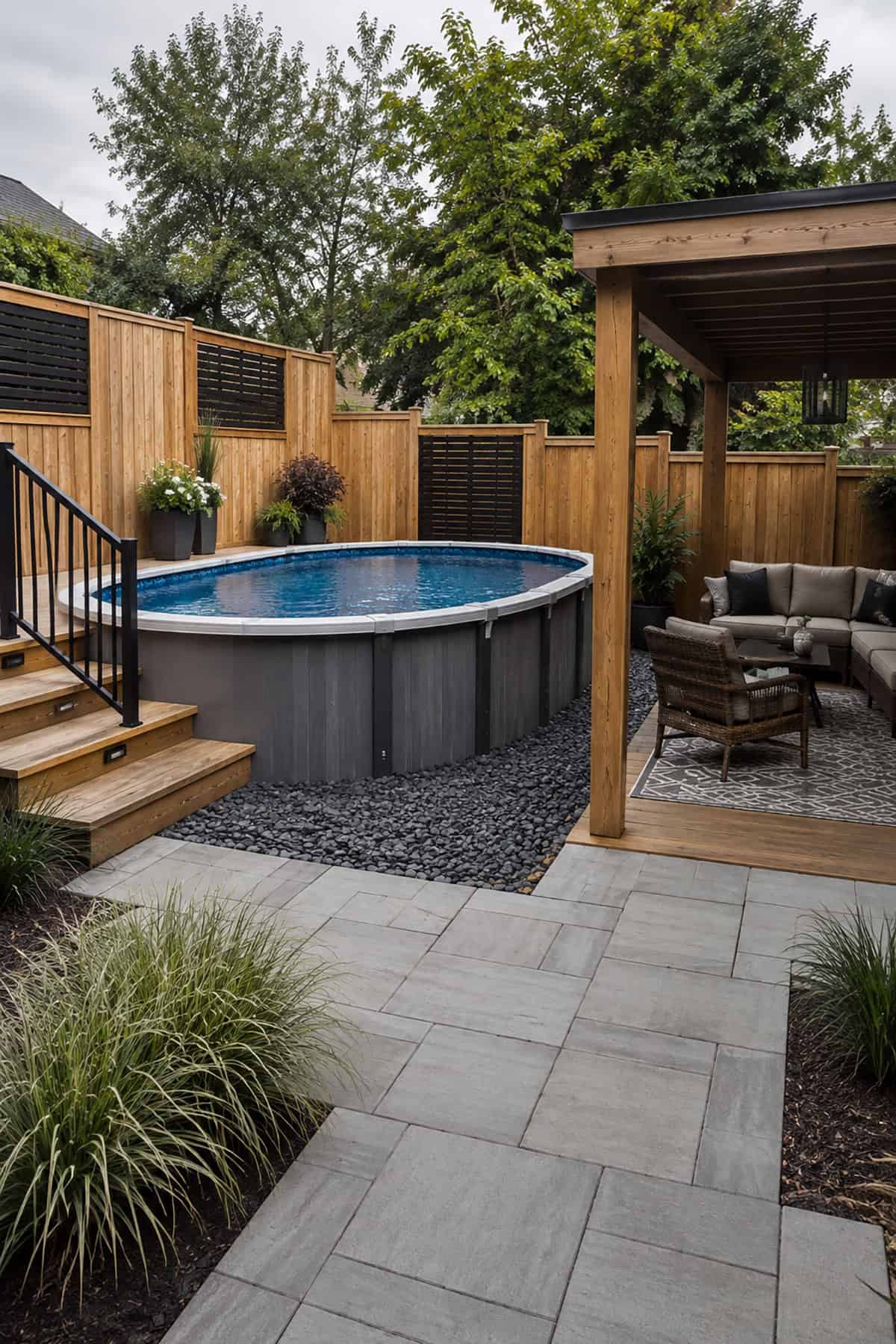 Above Ground Pool Beside A Covered Lounge