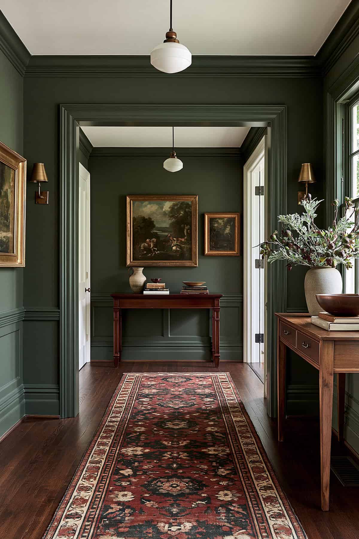 Antique Red Runner in a Moody Hallway