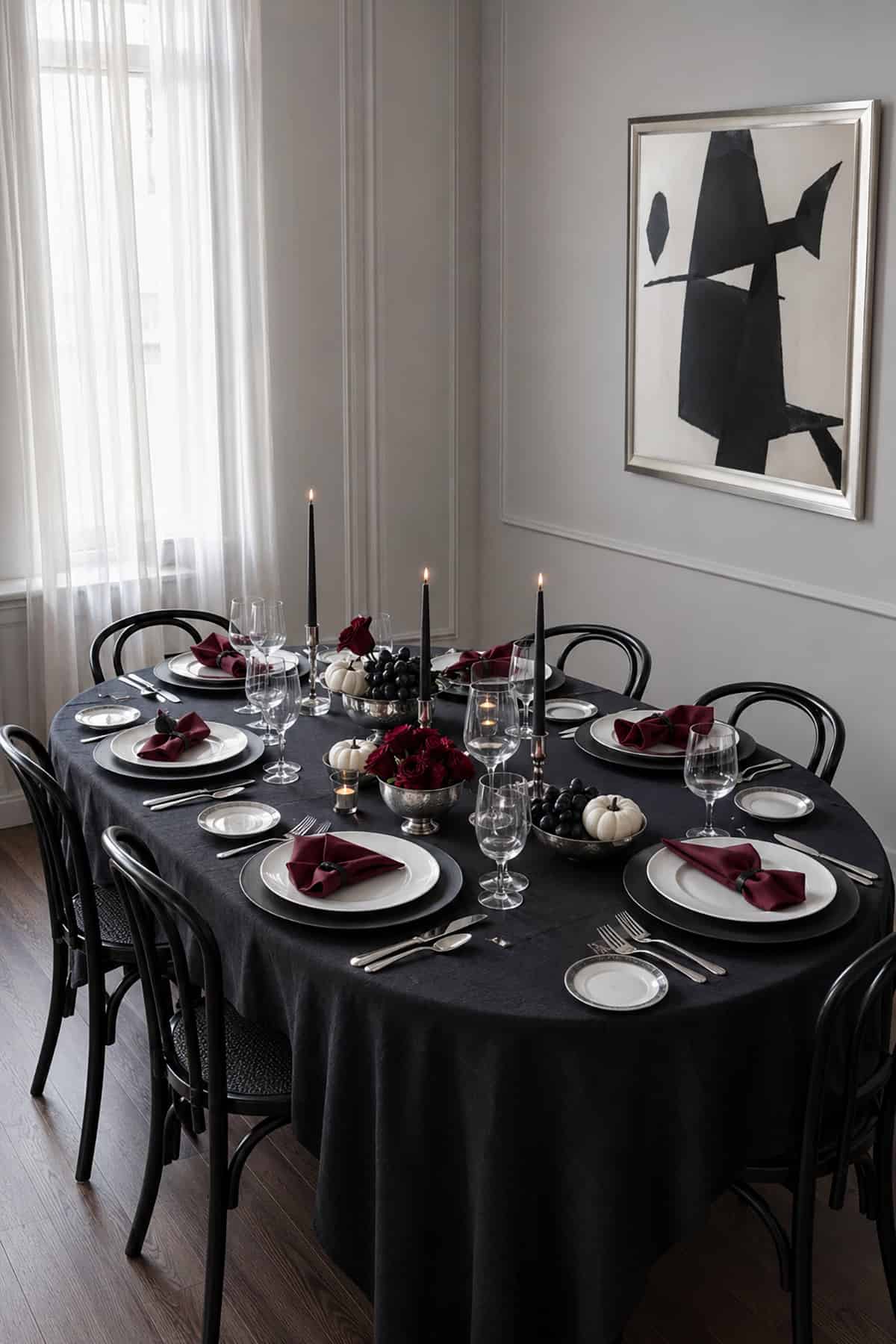 Black, White, And Burgundy Halloween Dinner Table Decor