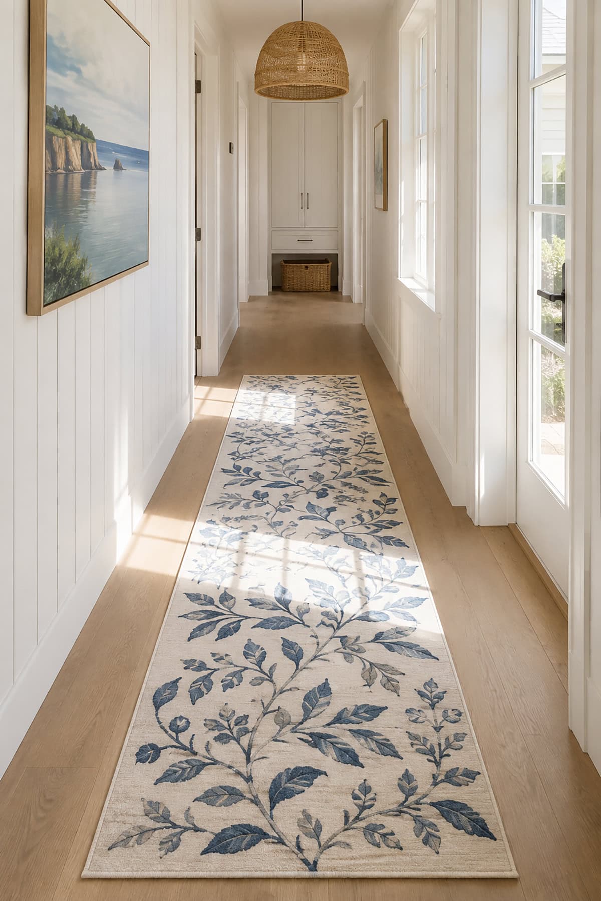 Blue Botanical Runner in a Coastal Hallway