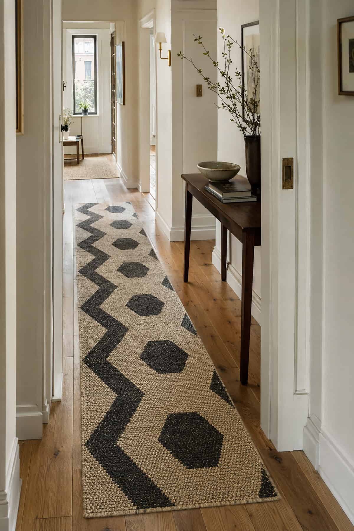 Bold Geometric Runner in a Realistic Family Hallway