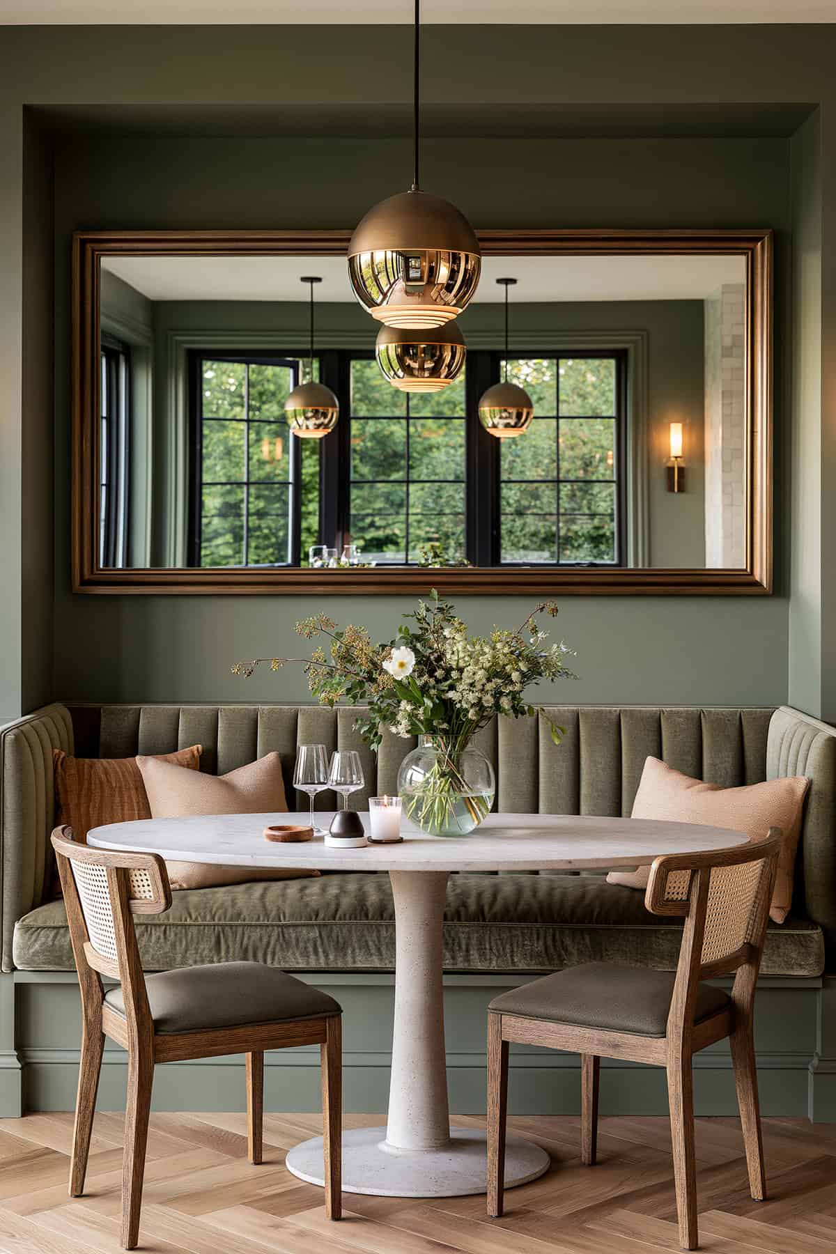 Bronze Framed Mirror Above a Banquette
