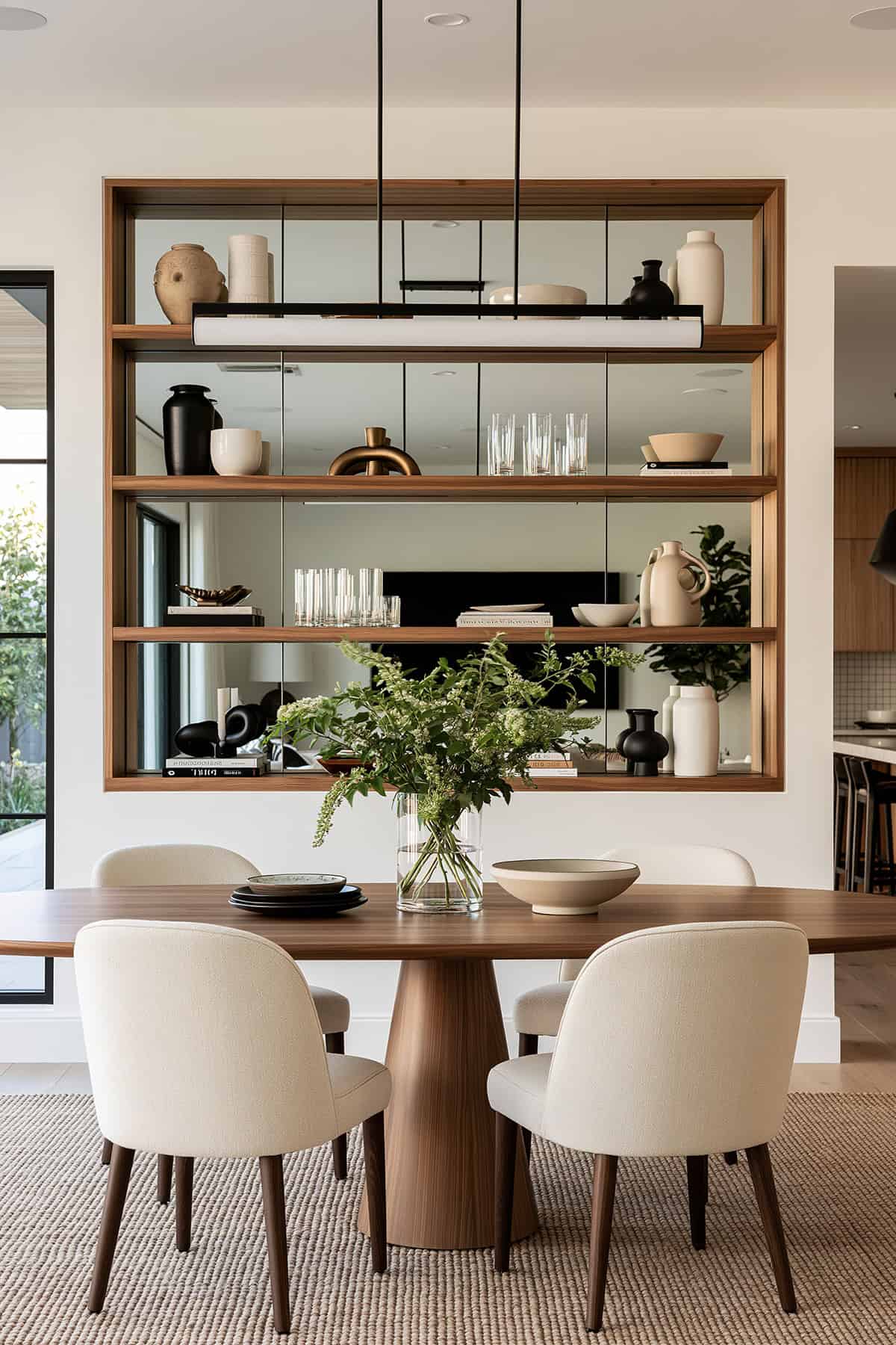 Built In Mirror Behind Open Shelving
