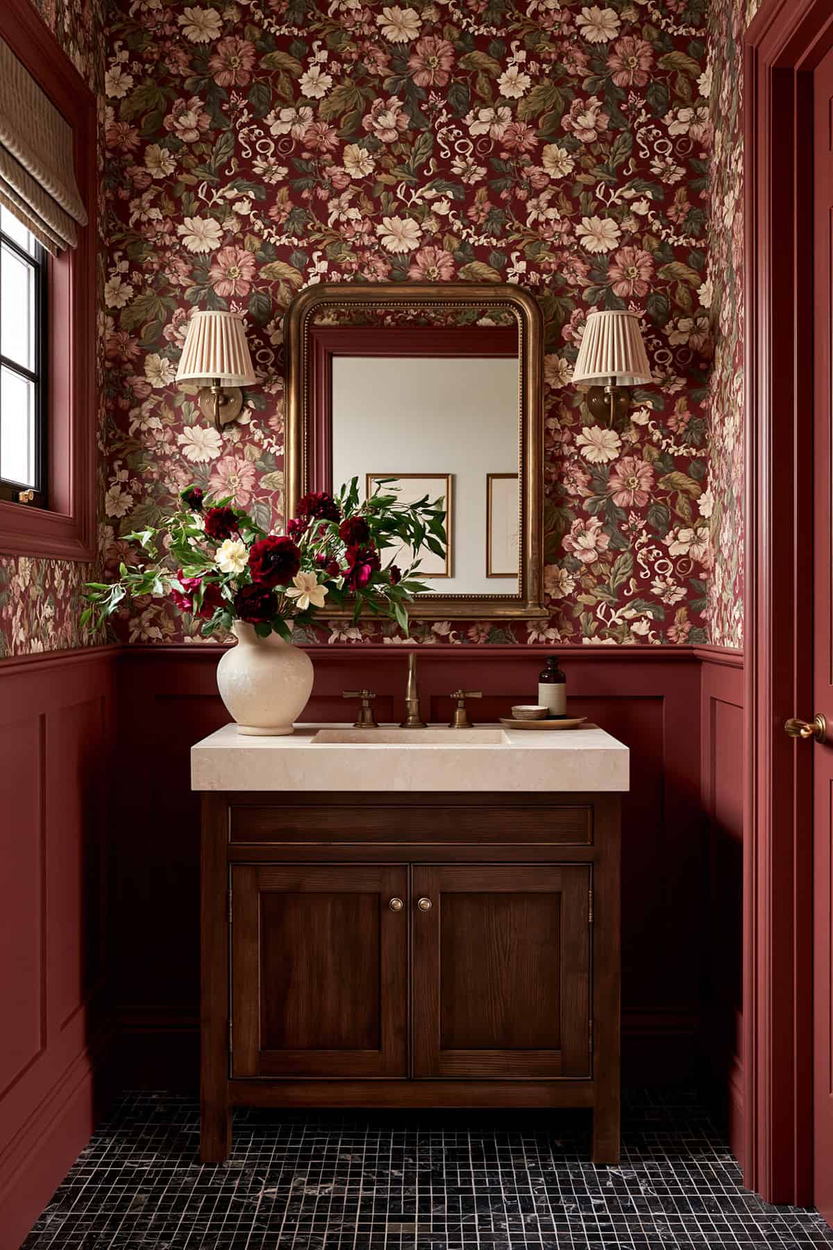 Burgundy Floral Powder Room