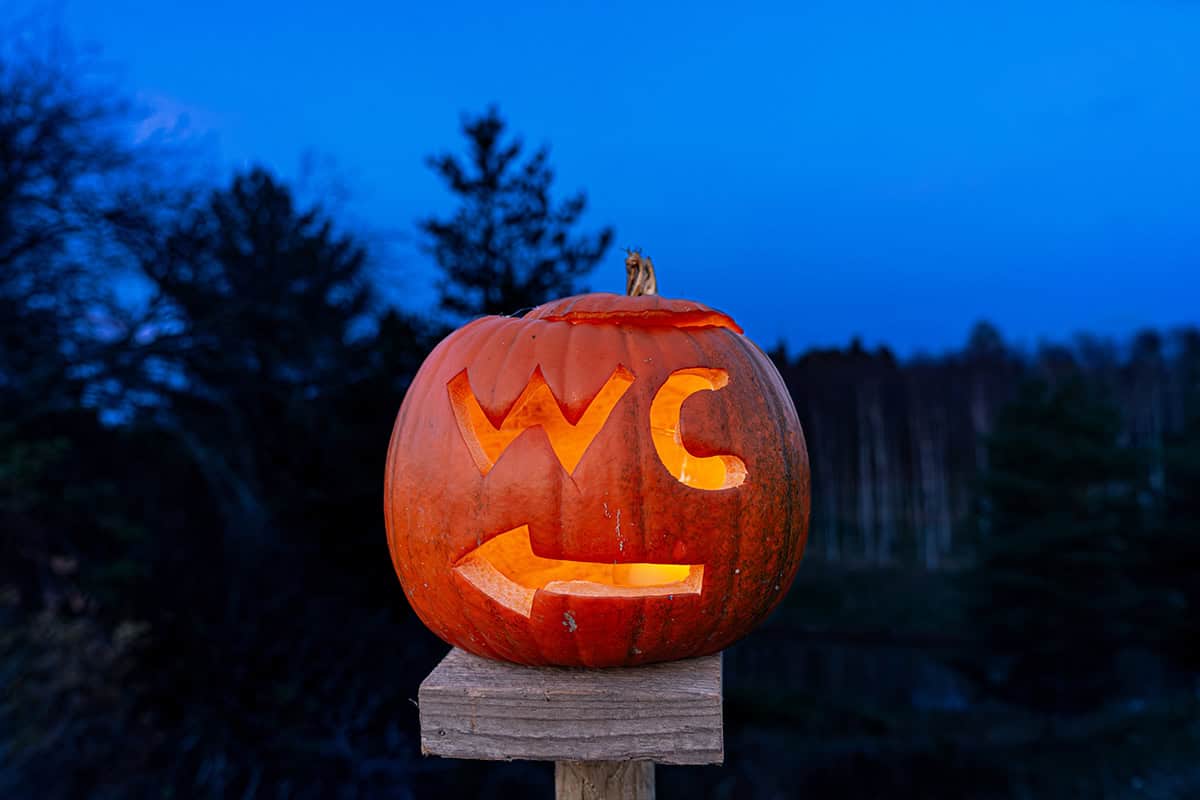 Carved Pumpkin Restroom Sign