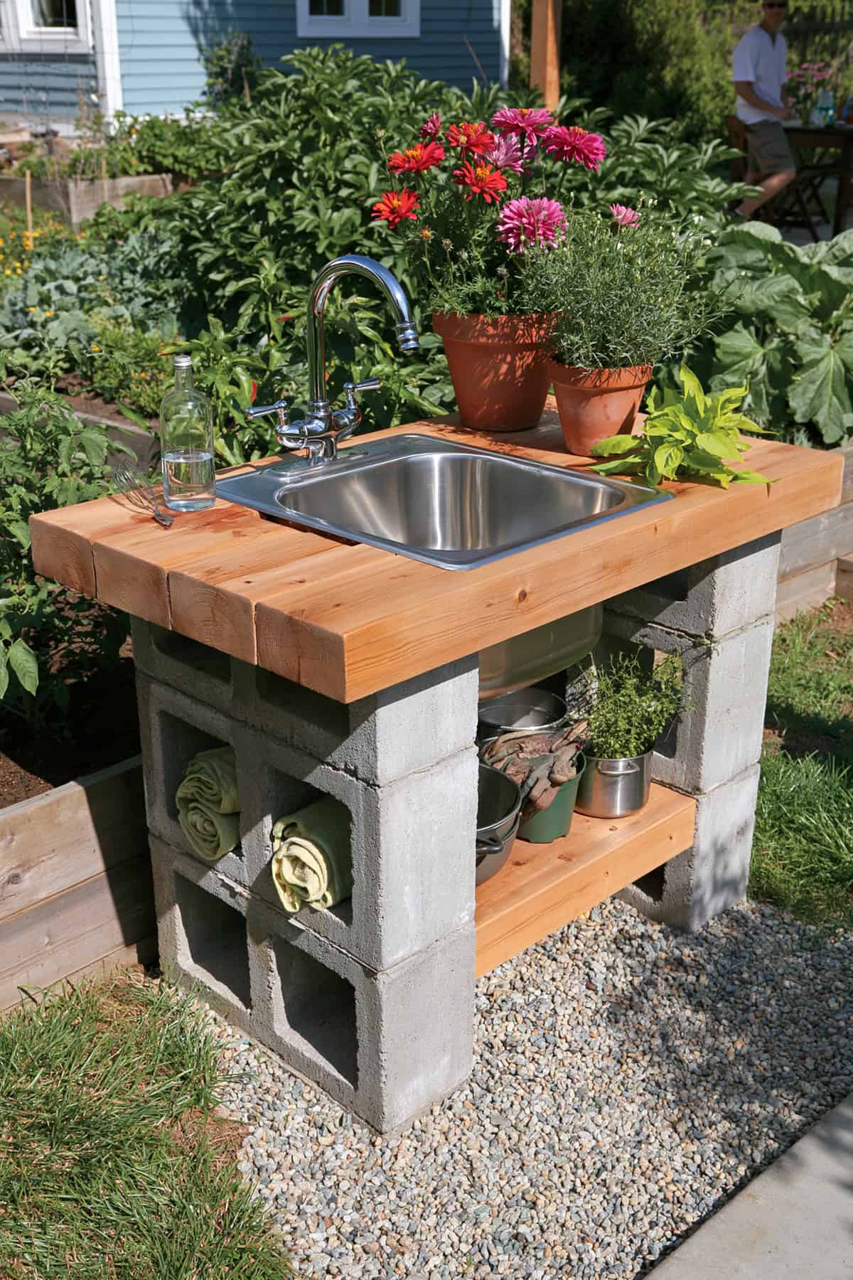 Cinder Block Outdoor Sink With Wood Counter