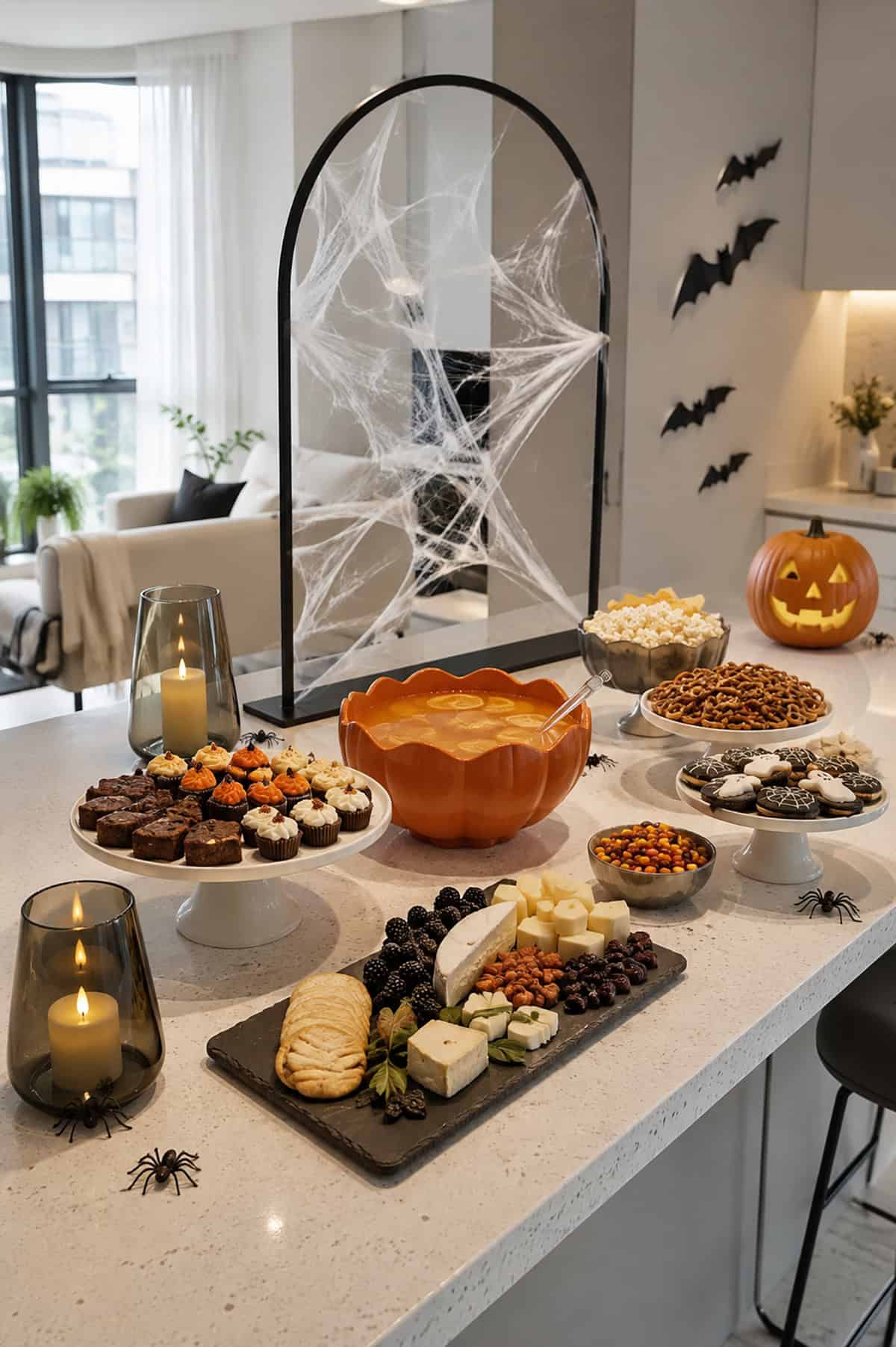 Cobweb Halloween Buffet With Pumpkin Party Food