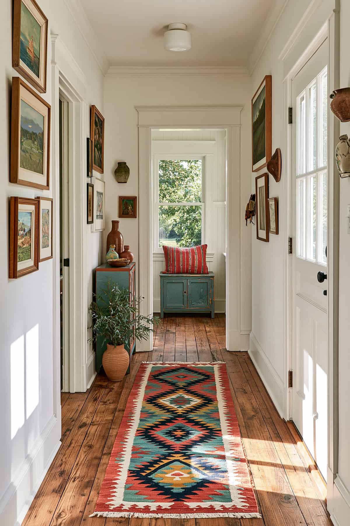 Colorful Kilim Runner in an Eclectic Hallway