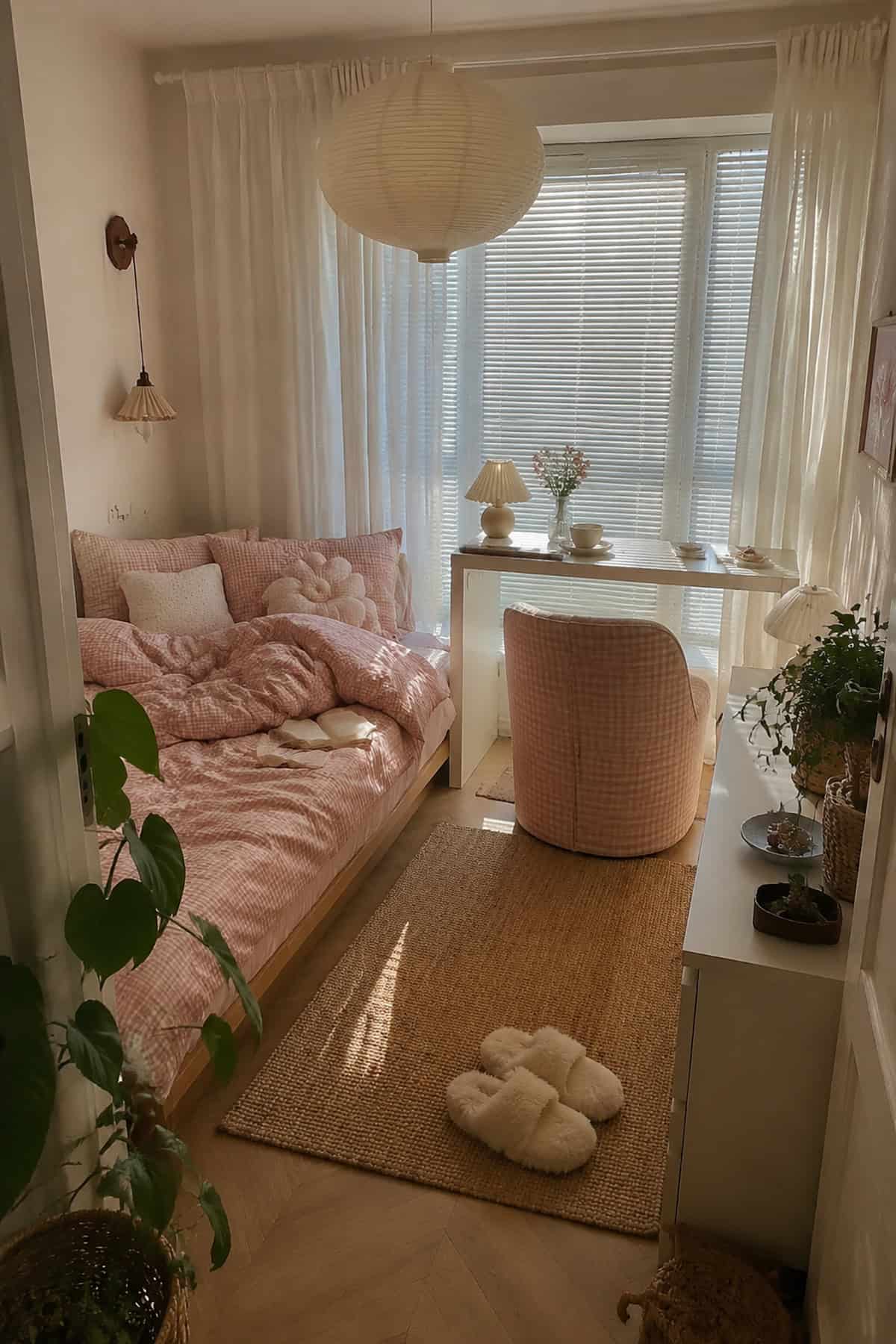 Cozy Pink Bedroom With A Workspace