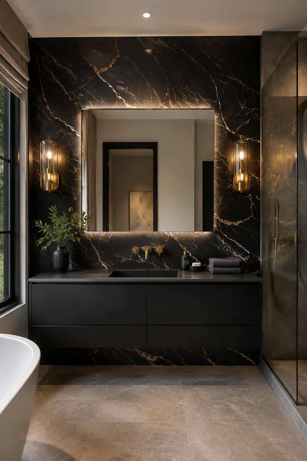 Dark Marble Effect Wallpaper Bathroom