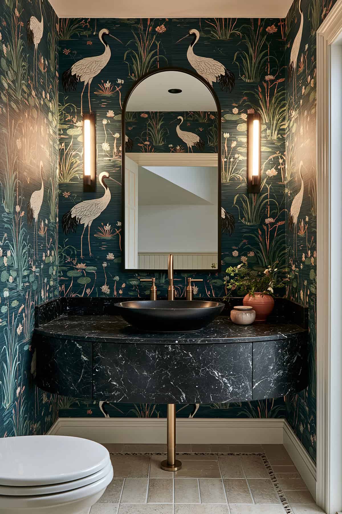 Dramatic Crane Wallpaper Bathroom