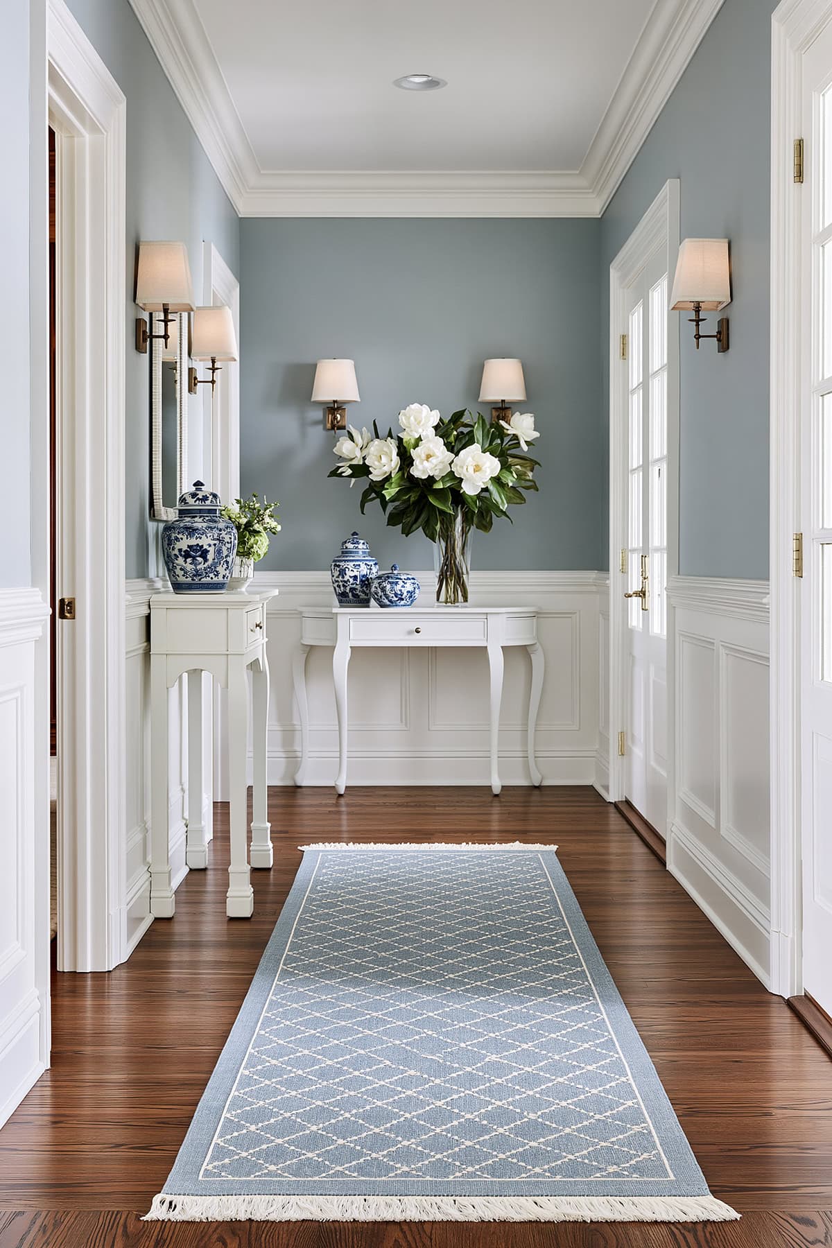 Dusty Blue Runner in a Classic Hallway