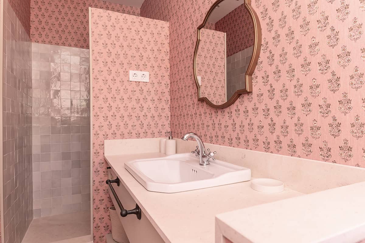 Dusty Pink Block Print Bathroom Wallpaper