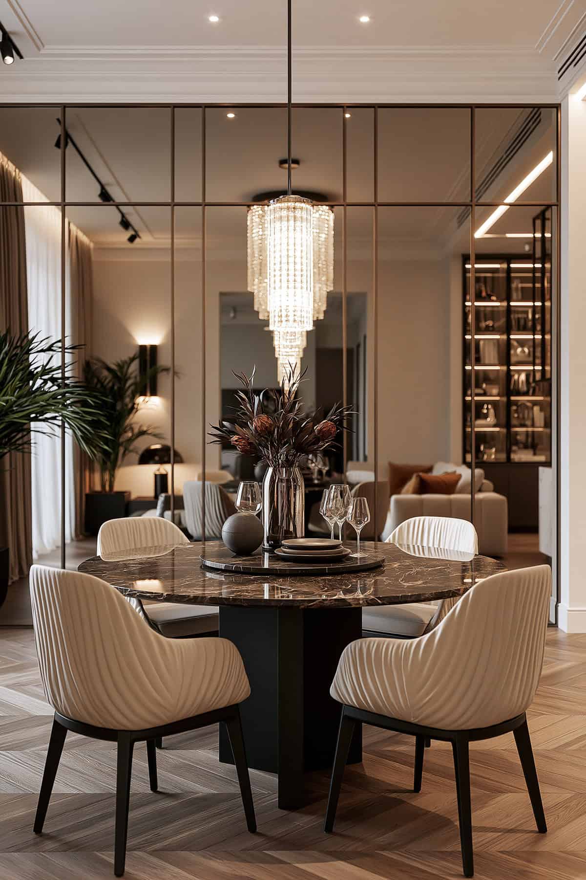 Full Mirrored Wall Behind the Dining Table