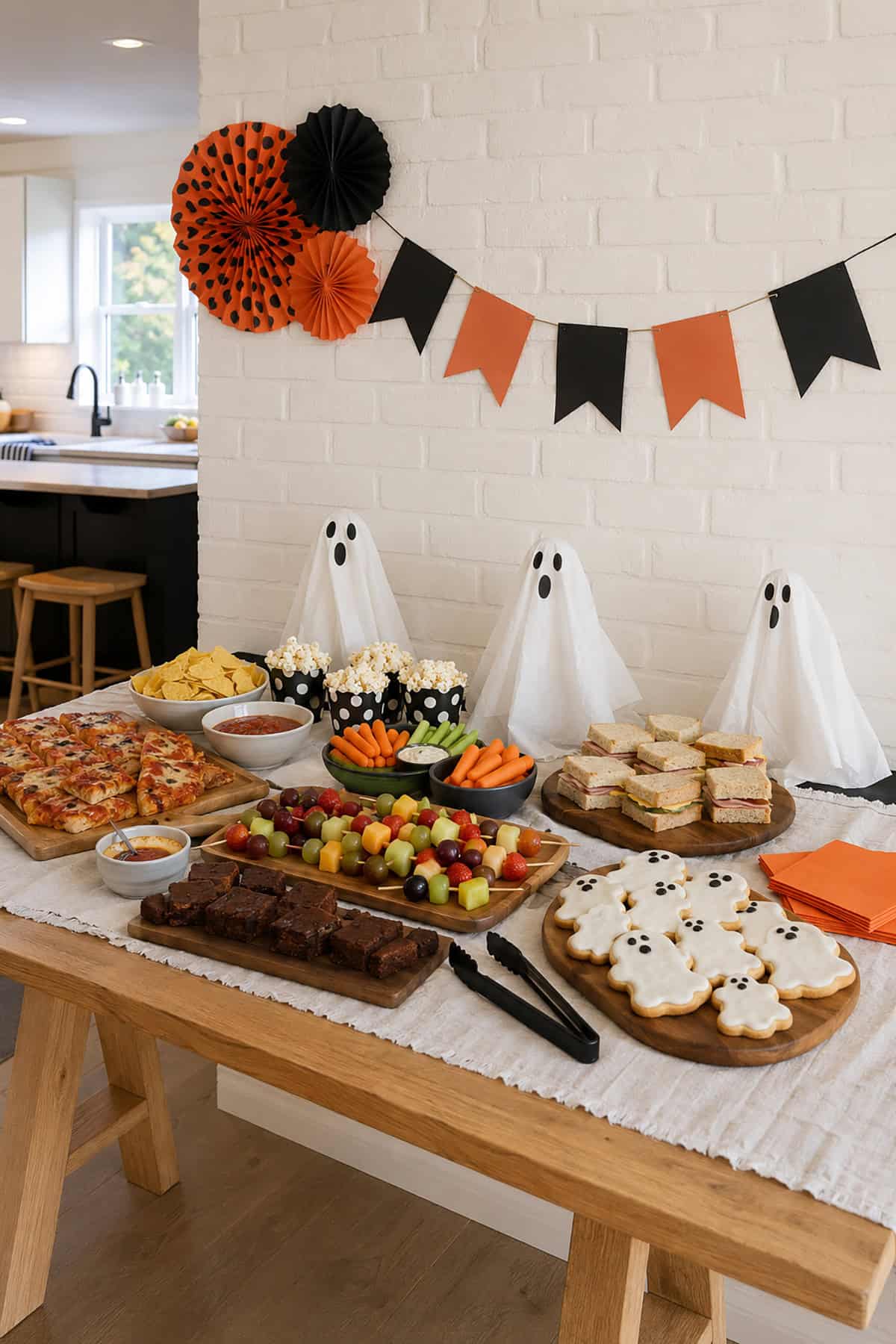 Ghost Themed Halloween Buffet Table With Party Food