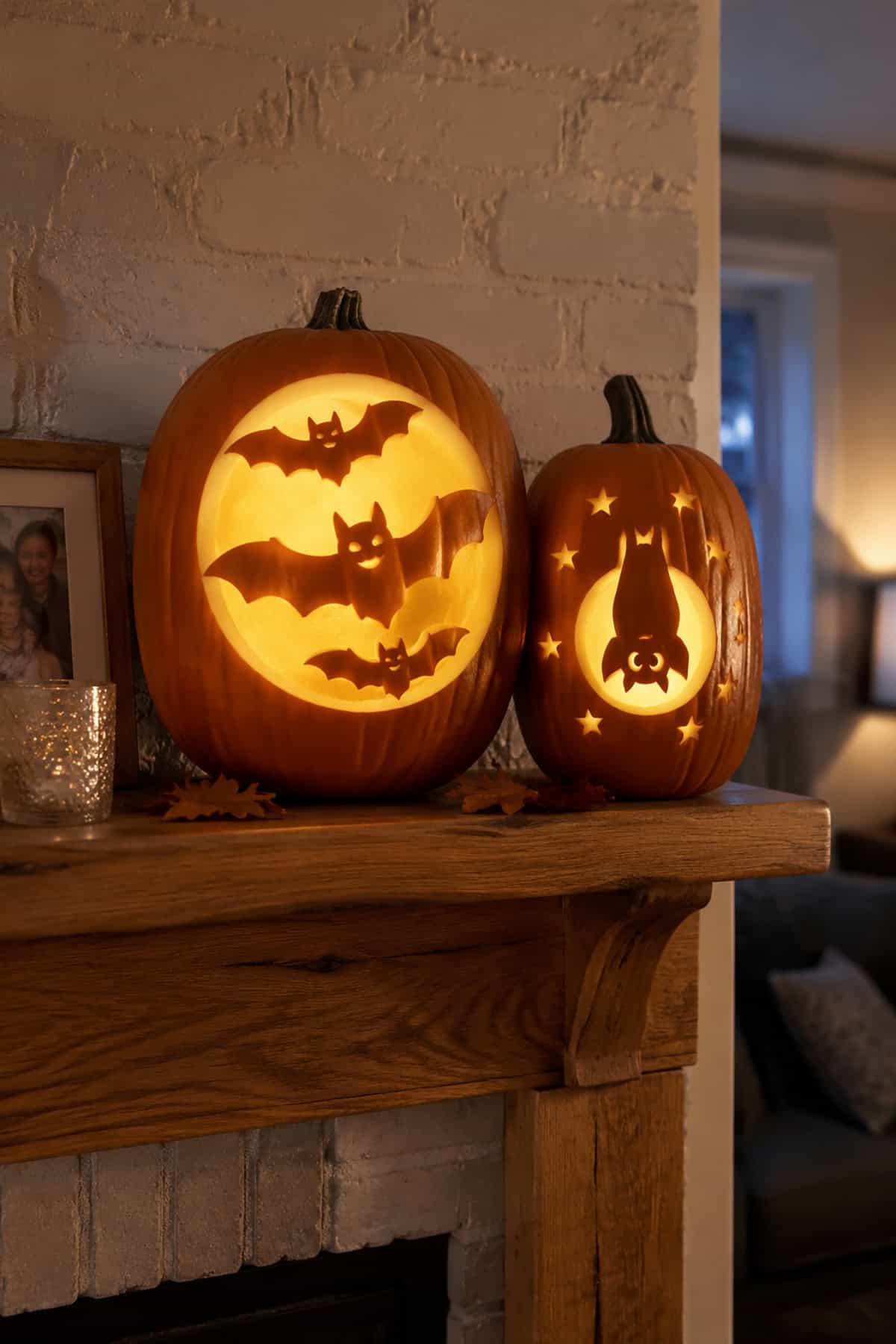 Glowing Bat Carved Pumpkins